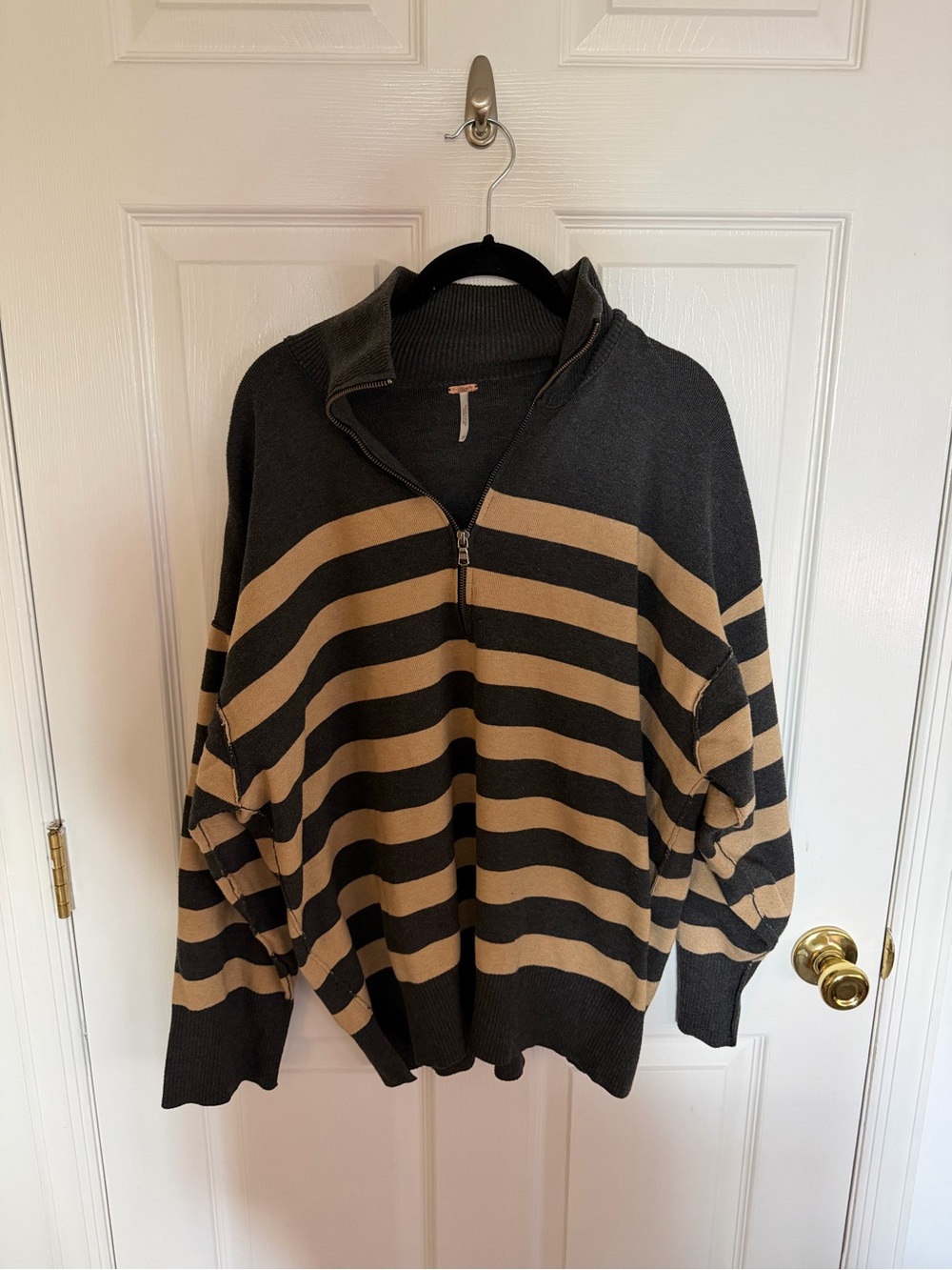Free People “Coastal Stripe” Black and Tan Striped Half-Zip Sweater